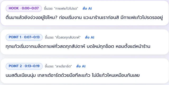 หน้าเขียนสคริปต์ของคลิปร้านกาแฟ แบ่งเป็น HOOK POINT และ CLOSER พร้อมเวลา